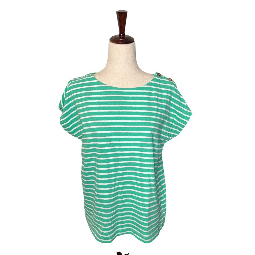 J. Jill Womens Medium Green White Striped Cotton Boat Neck Button Shoulder Top